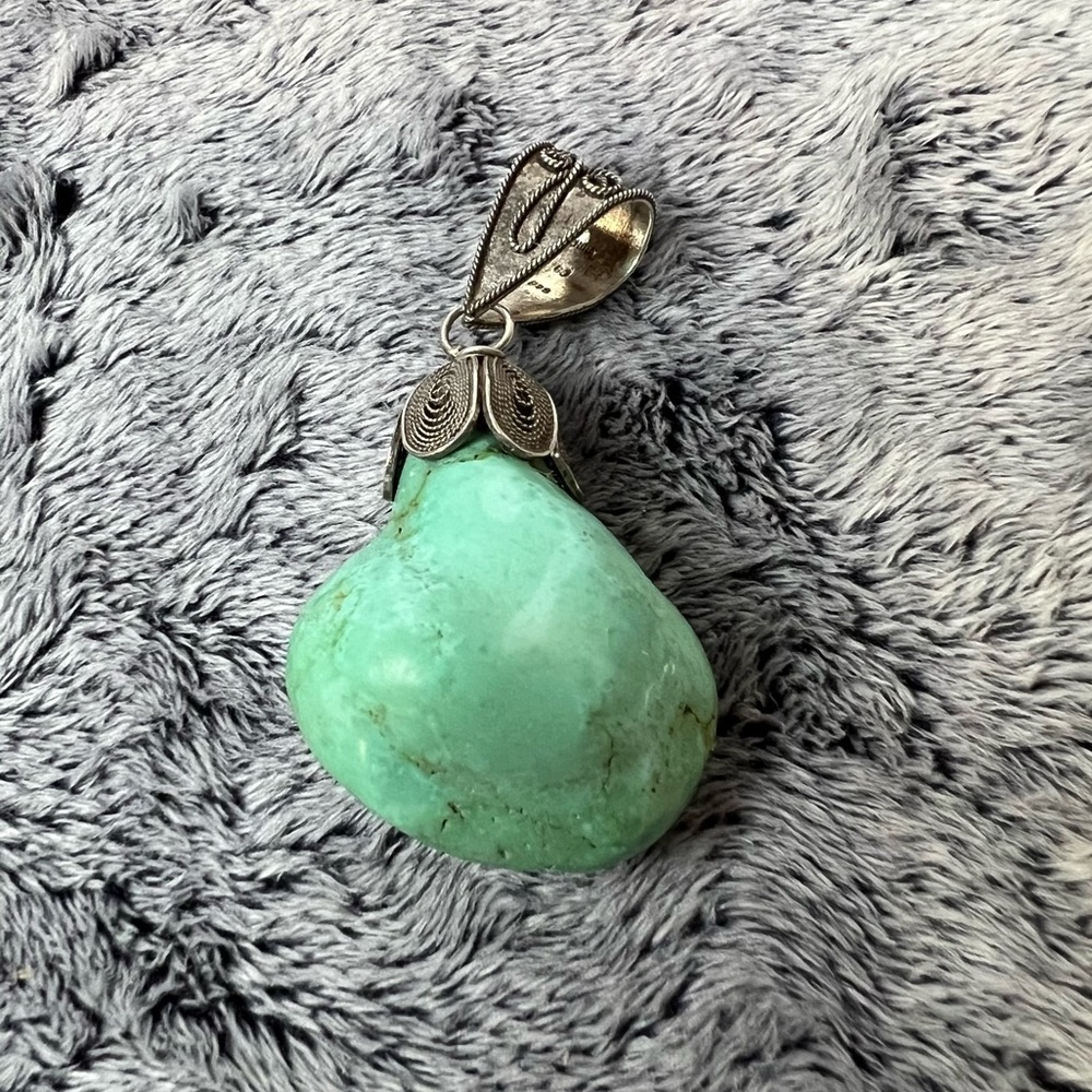 Vintage Turquoise Nugget Sterling Silver Filigree Pendant